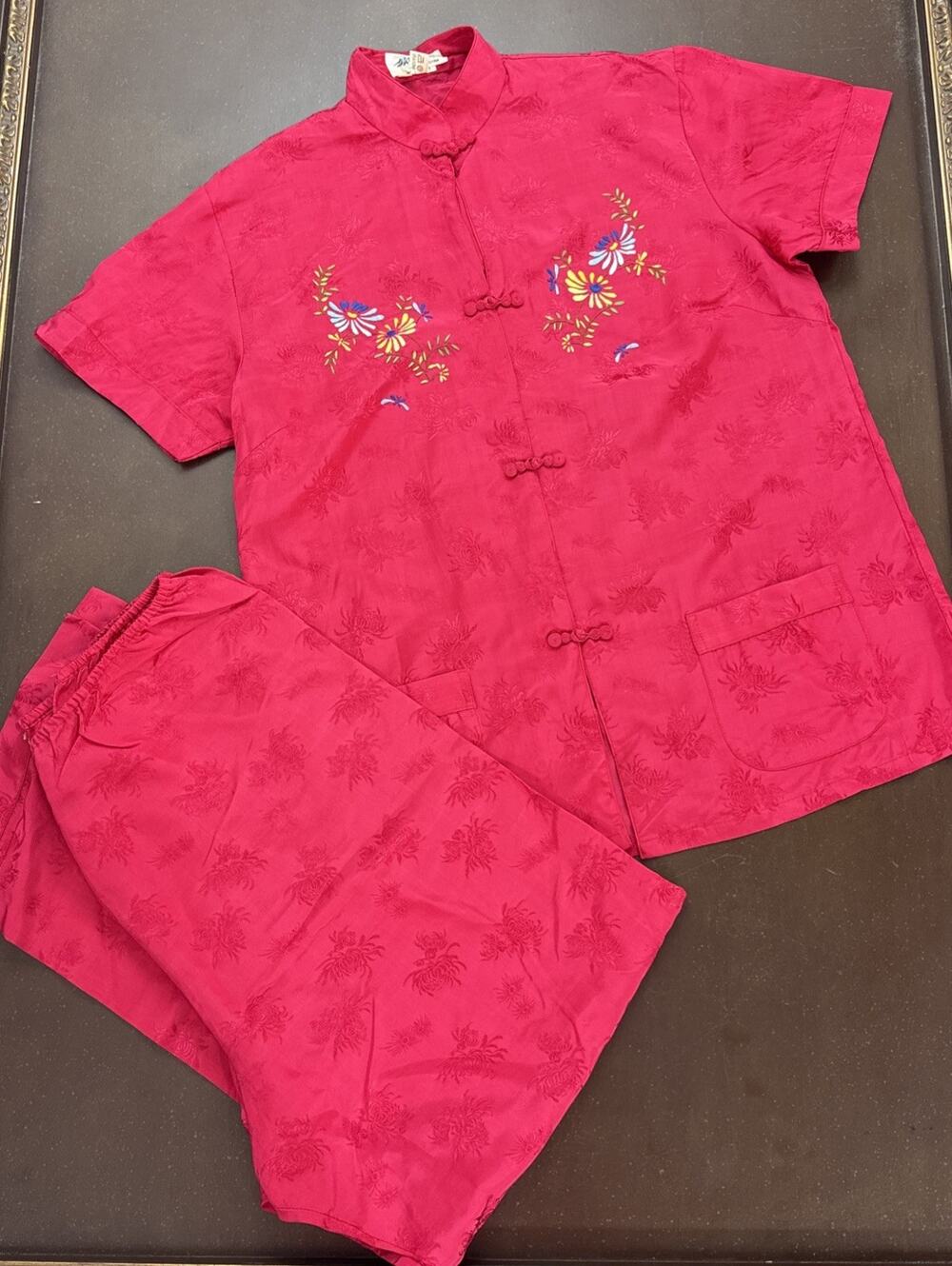 Vintage Silver Lake Chinese Pajama Set Red Rayon Embroidered L Loungewear